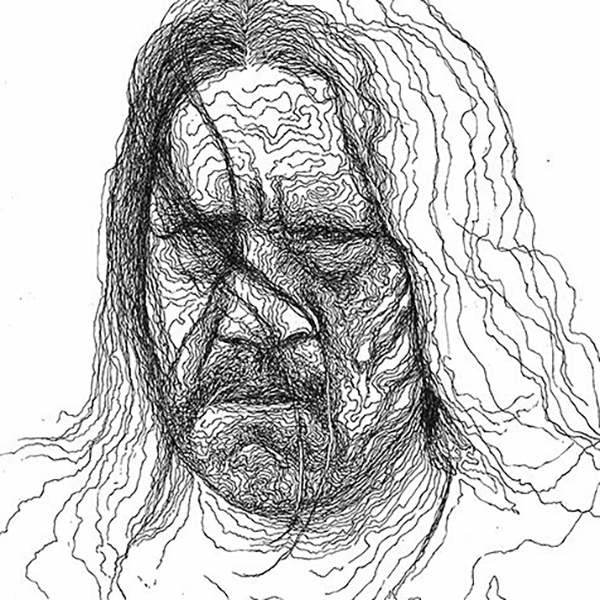 Danny Trejo — pen on paper portrait illustration 39x21cm by Ali Hamzah Alidestroy, Klinik Rupa Doktor Rudolfo exhibition Jakarta 2016