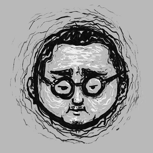 Logogram of Alidestroy — a self-portrait illustration of Ali Hamzah JN rendered in tremulous lines, depicting a face with round glasses enclosed in a circular swirl of expressive, hand-drawn strokes.
